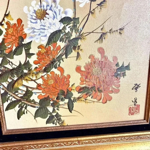 Vintage Royal Chinese Painting Bird Floral Scene Black Velvet Trim Gold Frame - Picture 6 of 15